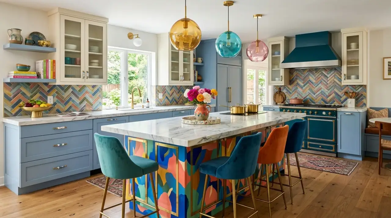 Personalized colorful kitchen. Dopamine decor kitchen shaped by colors that feel personally joyful.