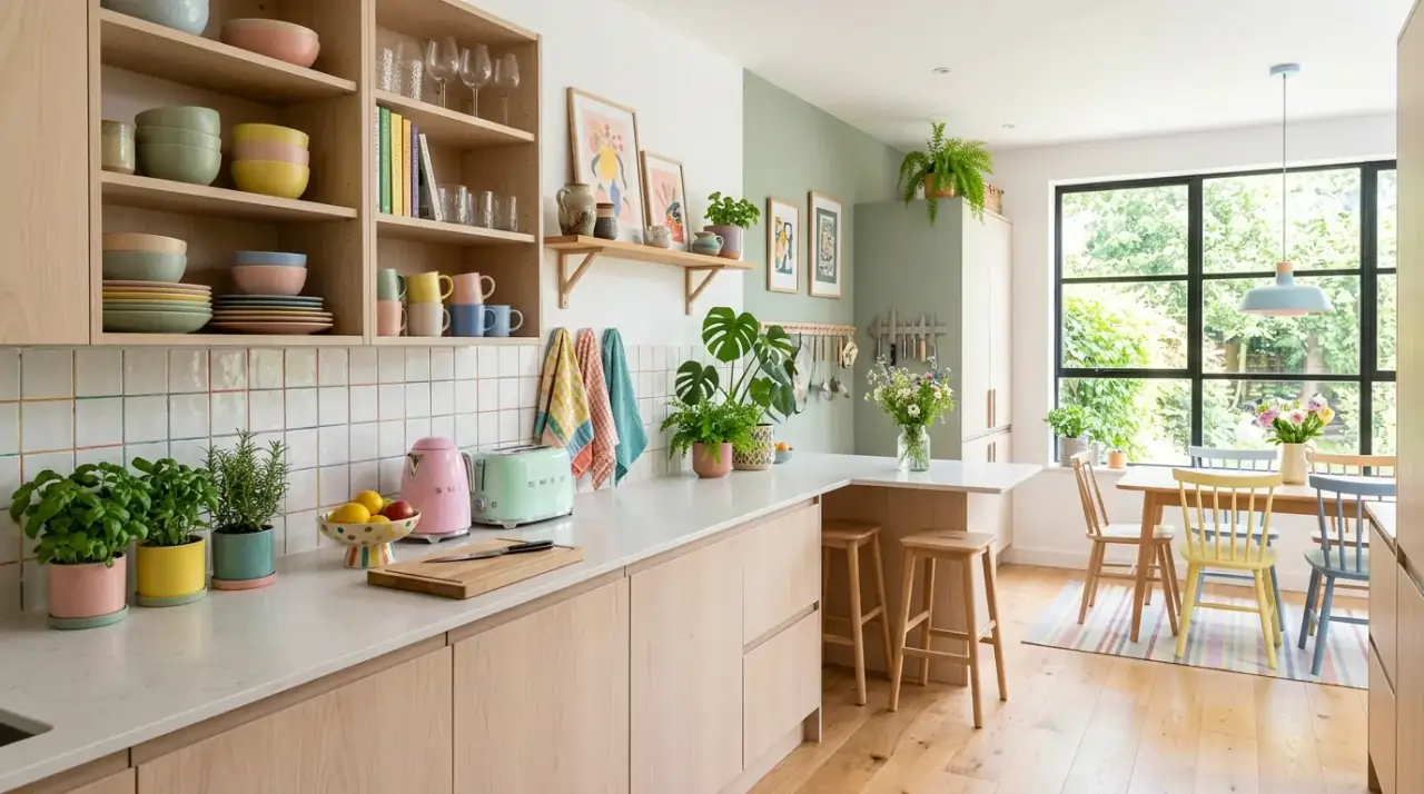 Produce as kitchen decor. Happy kitchen styled with colorful fruit flowers and produce.