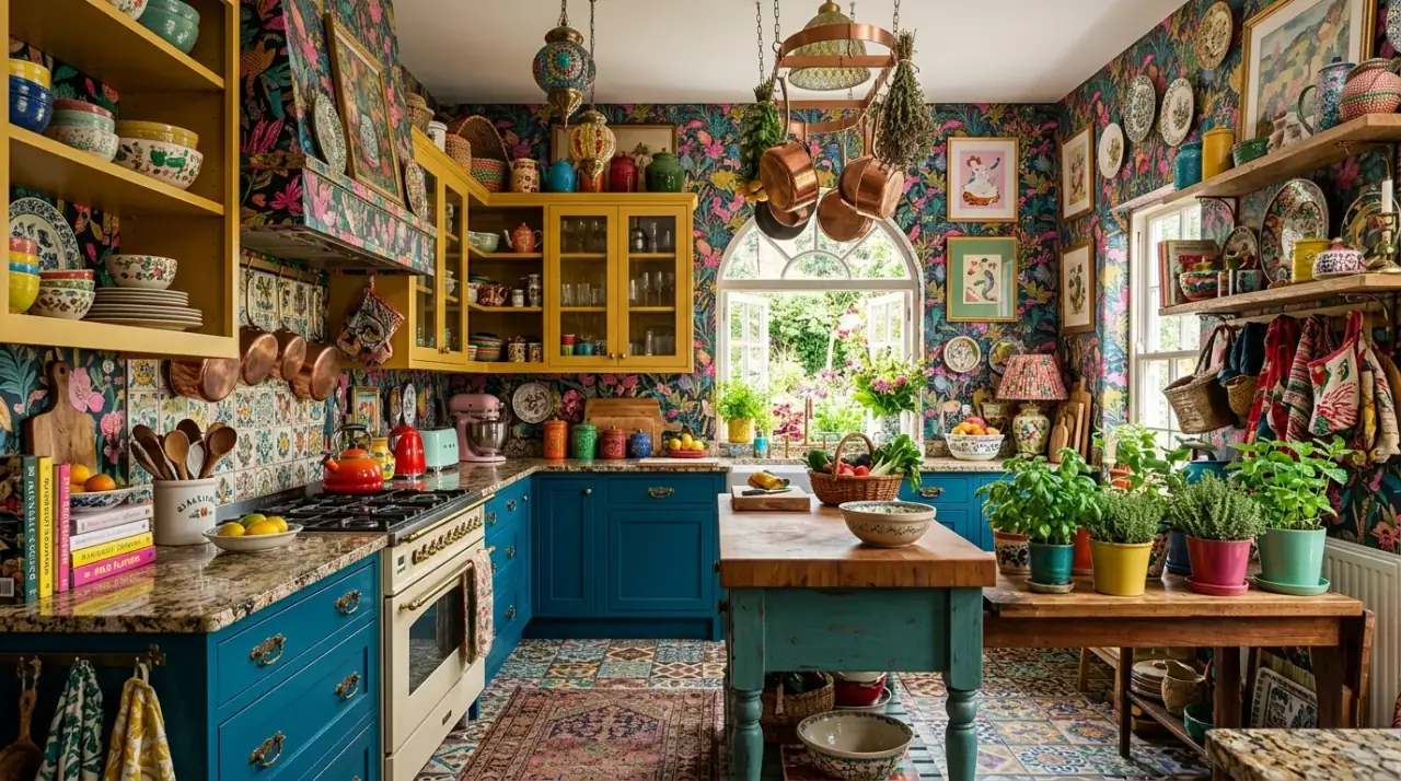 Edited dopamine decor kitchen. Colorful kitchen decor balanced by enough editing to stay clear and fun.