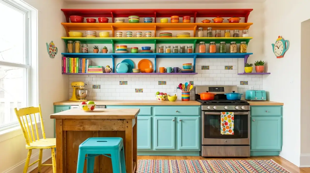 Dopamine decor kitchen overview. Happy colorful kitchen using joyful dopamine decor with thoughtful style.