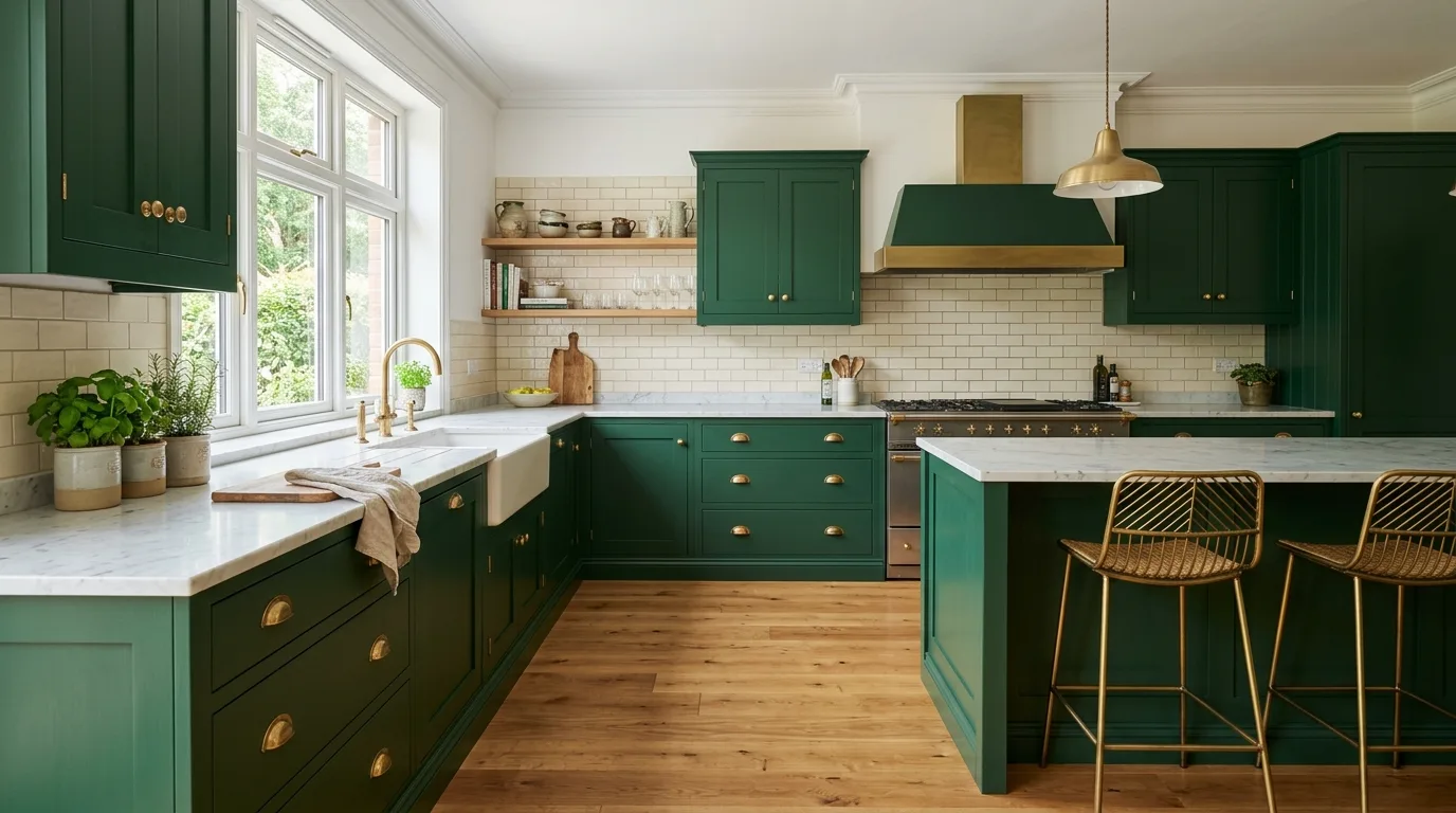 Lush green kitchen cabinets styled across different shades and design moods.