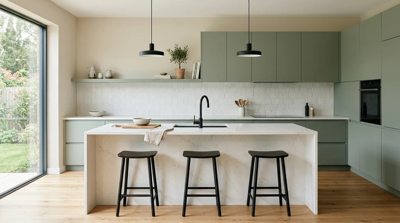 Olive green kitchen cabinets. Earthy cabinet color bringing grounded warmth to the kitchen.