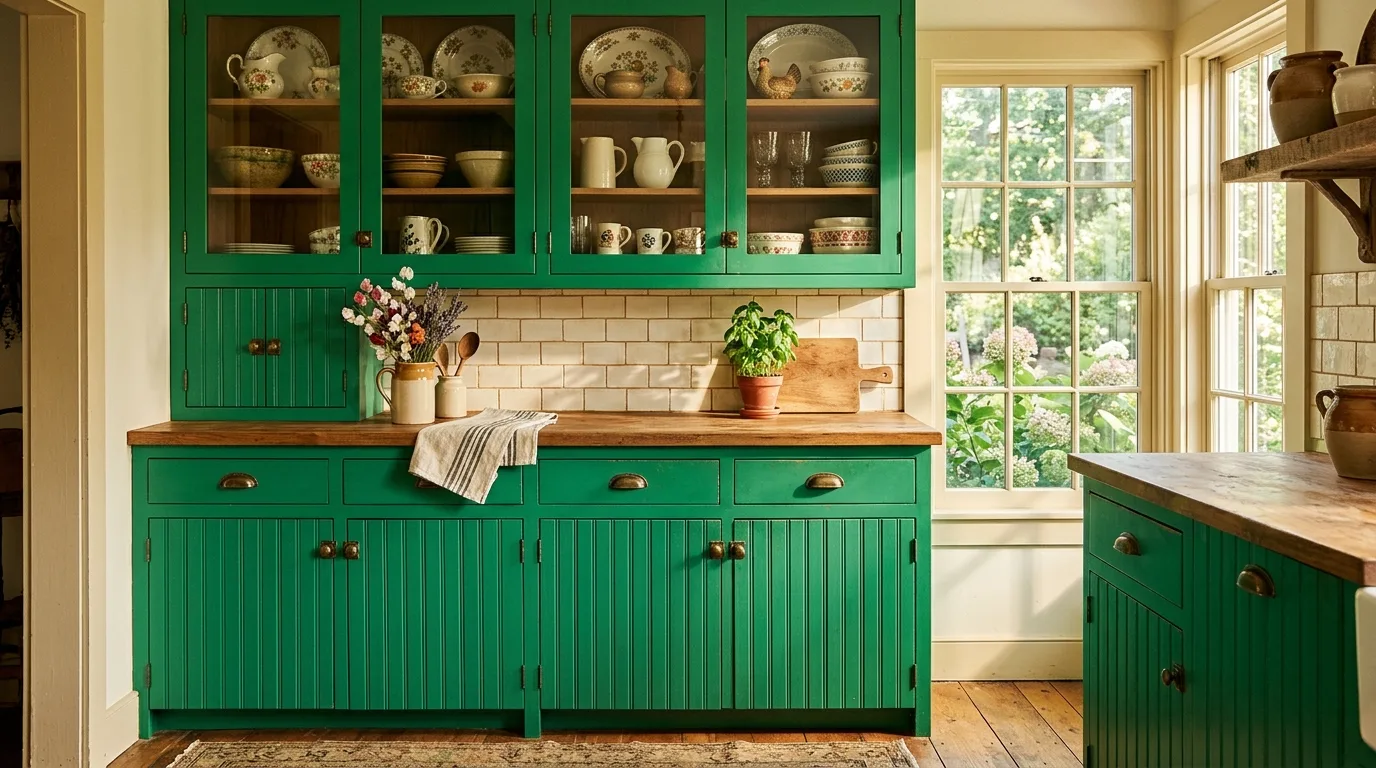 Forest green kitchen cabinets. Dark dramatic green cabinetry with balanced elegant contrast.