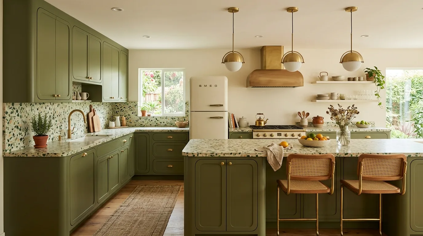 Moss green kitchen cabinets with stone. Muted natural cabinet color paired with earthy kitchen materials.
