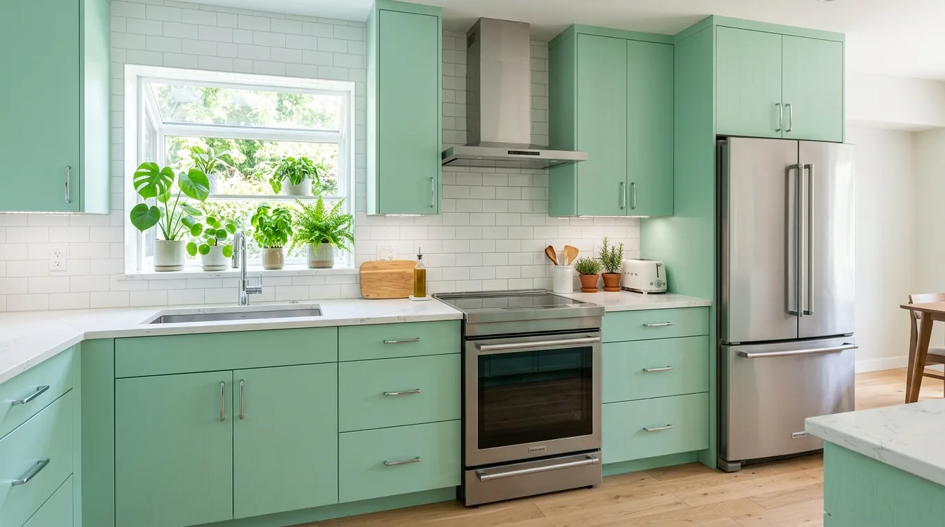 Green kitchen cabinets with brass hardware. Warm metallic accents elevating lush painted cabinetry.