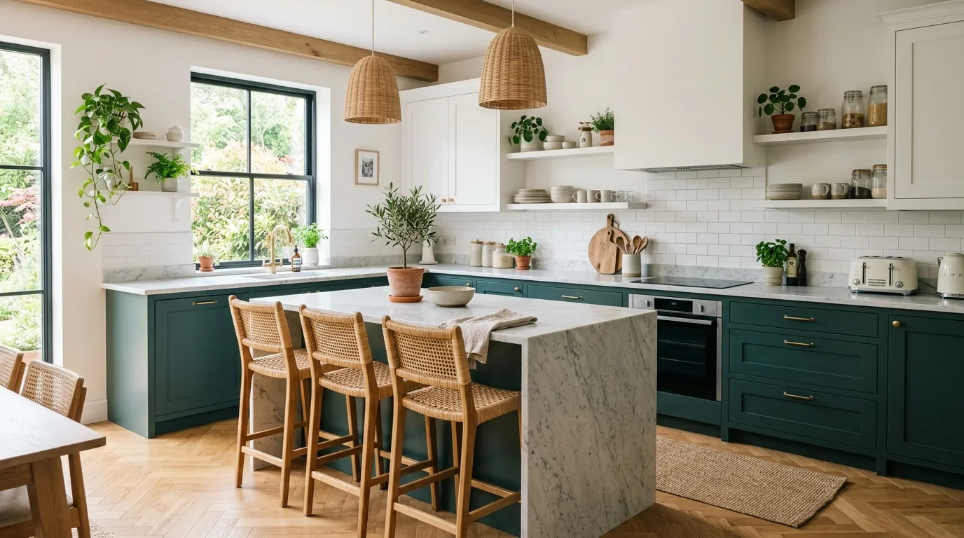 Green kitchen island with lighter cabinets. Two-tone kitchen design using green as a focal cabinet color.