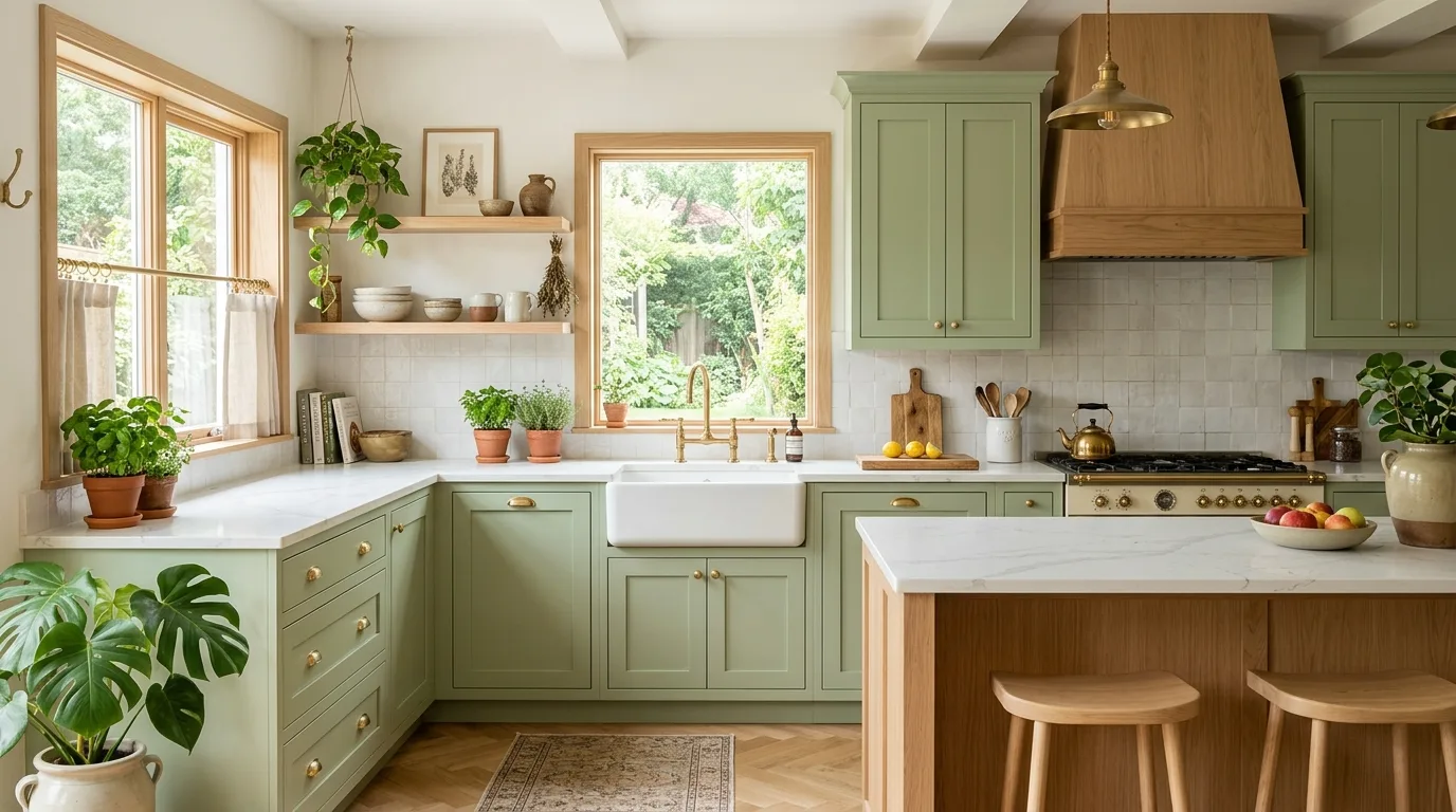 Green Shaker kitchen cabinets. Classic cabinet styling refreshed with lush green paint.