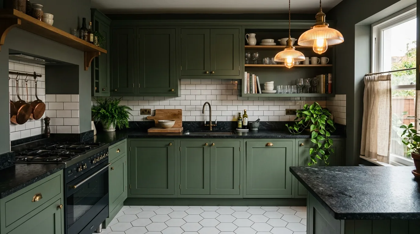 Flat-front green kitchen cabinets. Modern cabinet lines showing off a clean lush green finish.