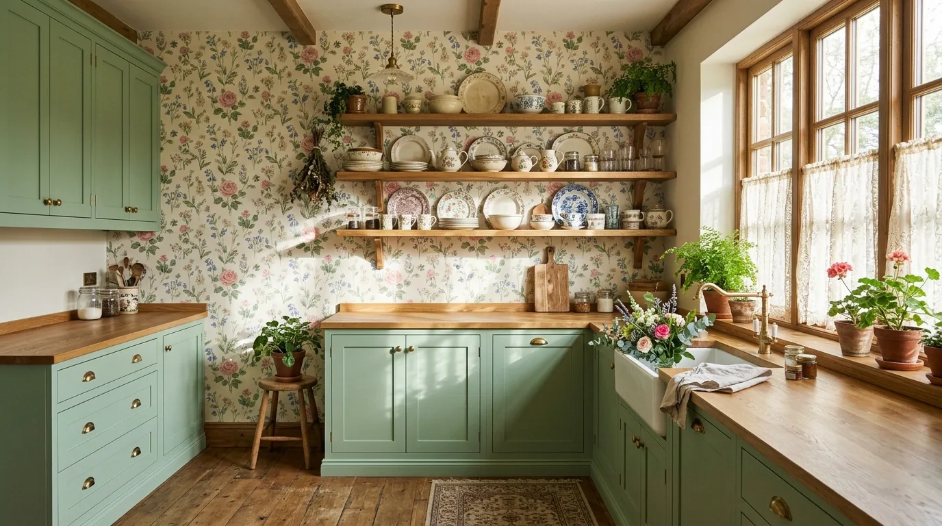 Green kitchen cabinets with wood accents. Natural material pairing softening lush painted cabinetry.