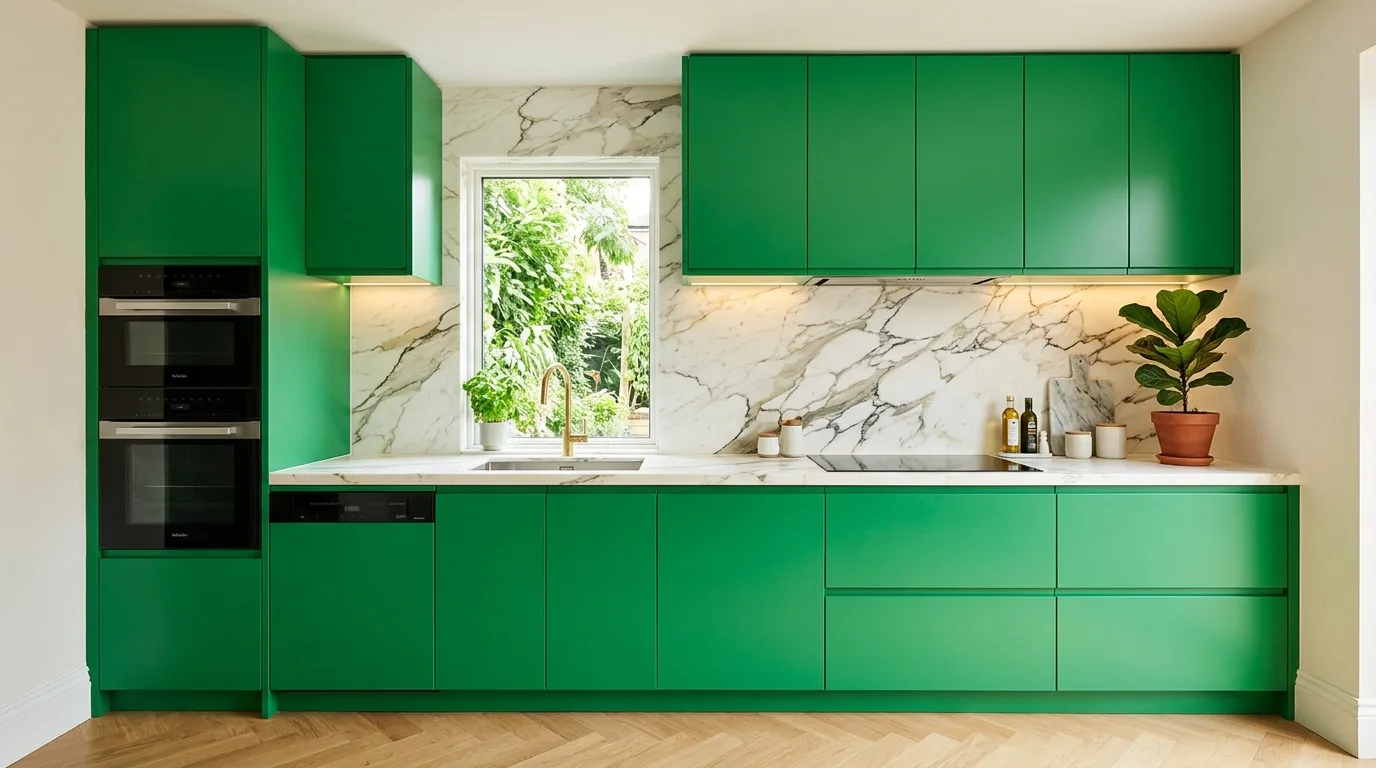 Dusty green vintage-style kitchen cabinets. Soft heritage cabinet color adding character to the cookspace.