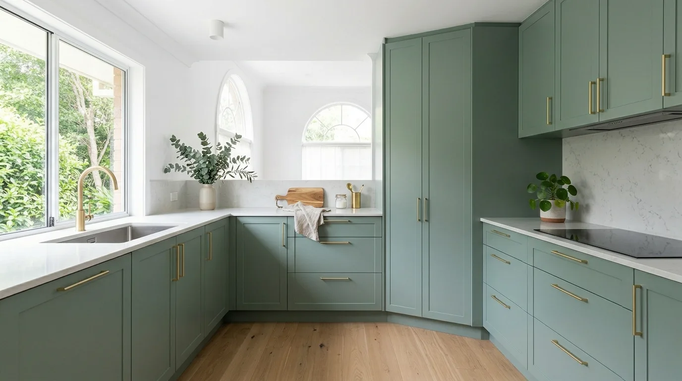 Bottle green kitchen cabinets with marble. Luxe cabinet color paired with elegant stone surfaces.