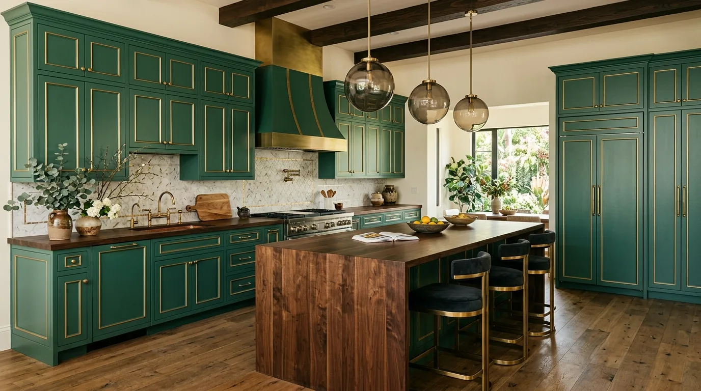 Mid-green kitchen cabinets. Fresh lively cabinetry bringing vibrant energy into the kitchen.