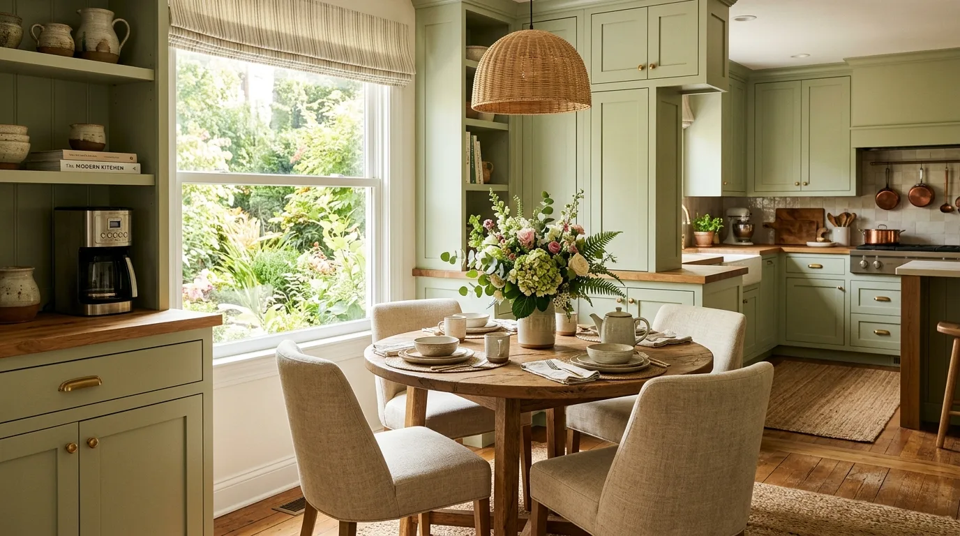 Green lower kitchen cabinets. Balanced cabinet color placement keeping the kitchen visually light.