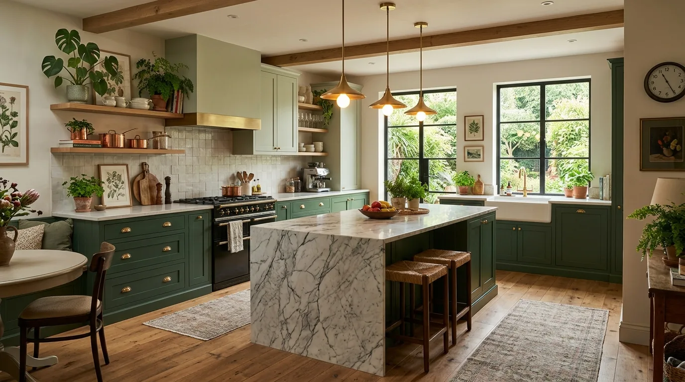 Green kitchen cabinets shaping the whole design mood. A full kitchen palette built around lush green cabinet color.