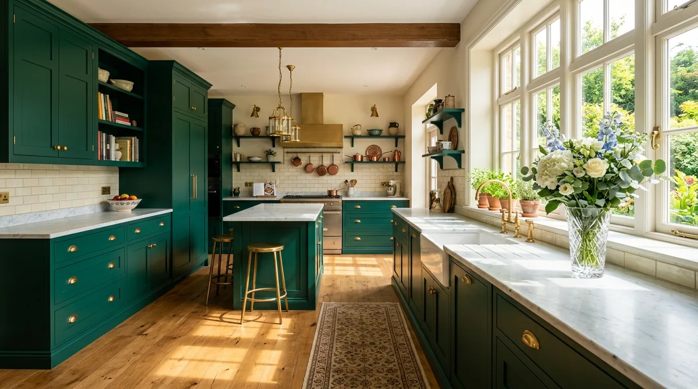 Rich emerald green shaker cabinets with polished brass handles, marble counters, and warm oak floors.