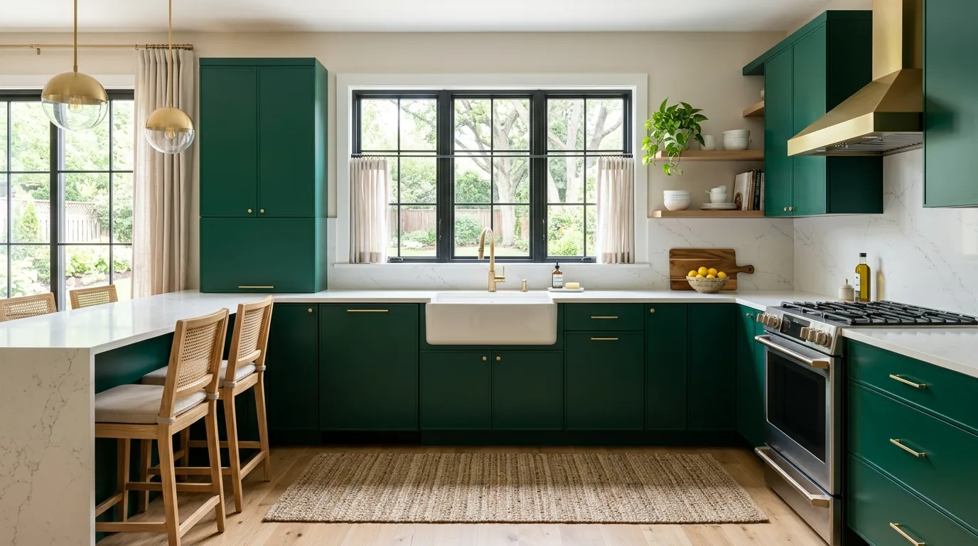 Deep emerald flat-panel cabinets. White quartz counters, matte gold faucet, and farmhouse sink.
