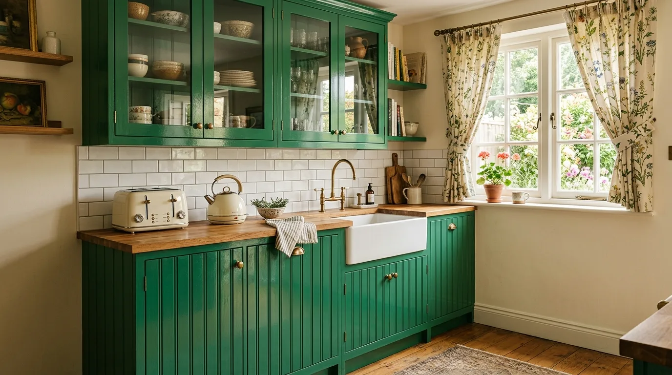 Glossy emerald beadboard cabinets. Glass-front uppers, ceramic backsplash, and vintage accessories.
