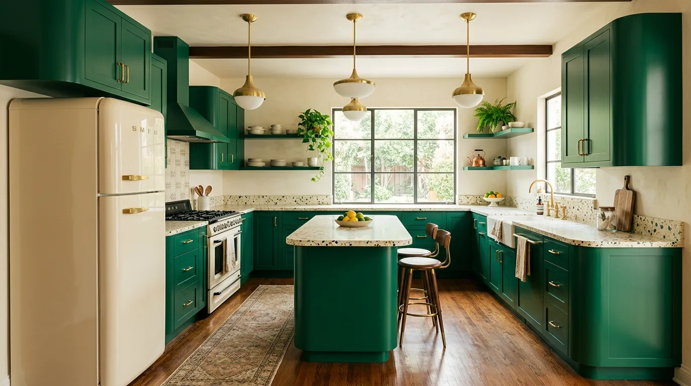 Emerald inset cabinets with rounded corners. Terrazzo counters, gold pendants, and ivory walls.
