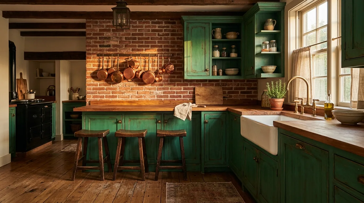 Distressed emerald green kitchen cabinets. Butcher block, exposed brick, copper cookware, and farmhouse warmth.