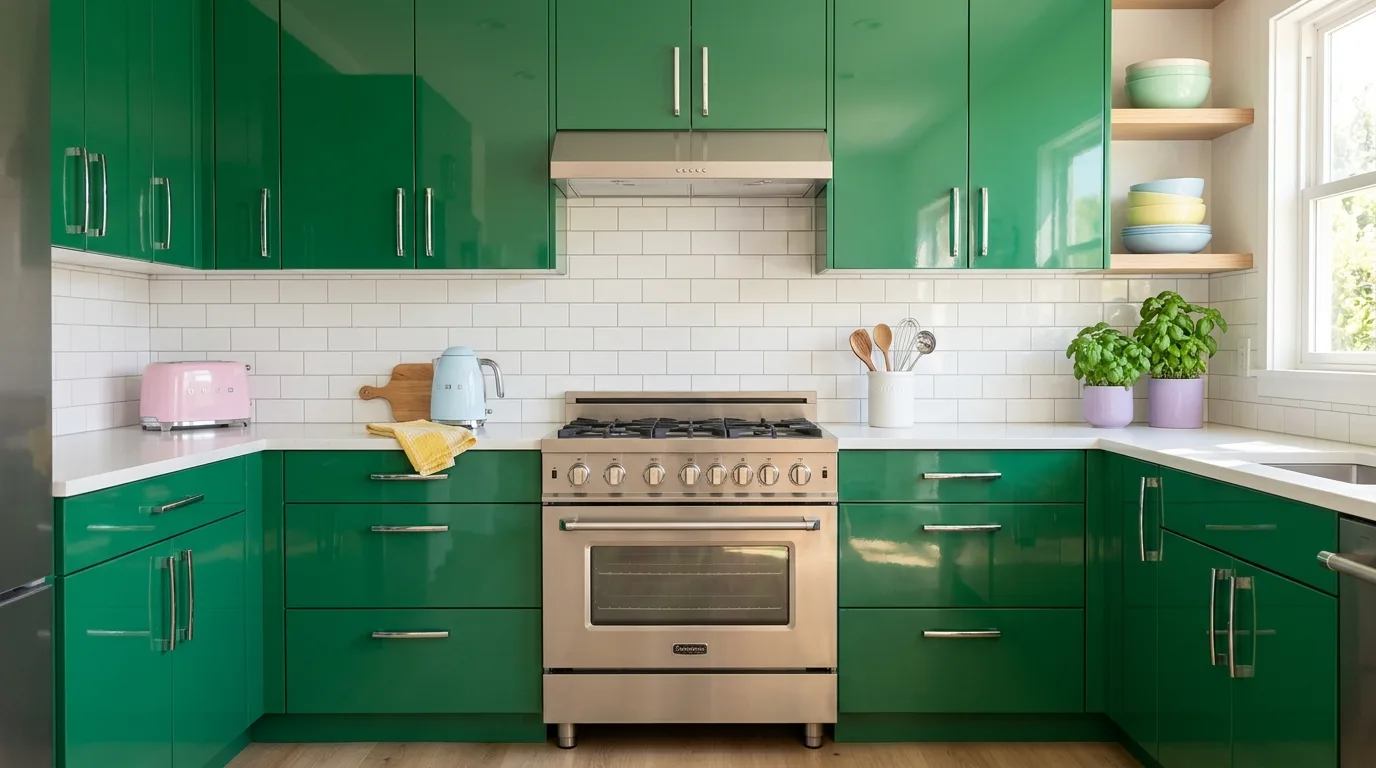 High-gloss emerald slab kitchen cabinets. Chrome hardware, tiled backsplash, and stainless retro-style oven.