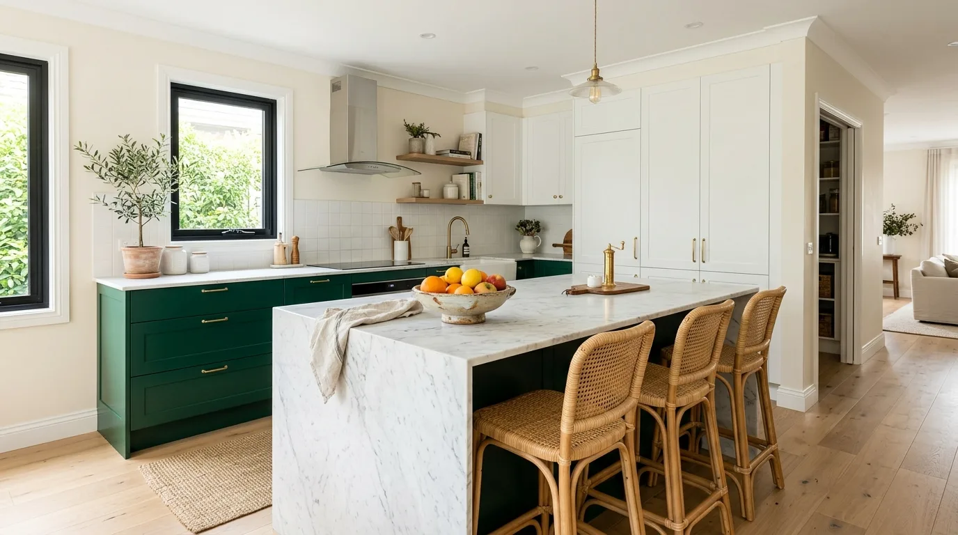 Emerald lower cabinets with white upper cabinets. Marble waterfall island, rattan stools, and cream walls.