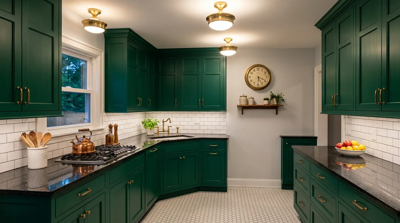 Classic emerald kitchen cabinets. Black granite counters, white hex floor tiles, and brass ceiling lights.