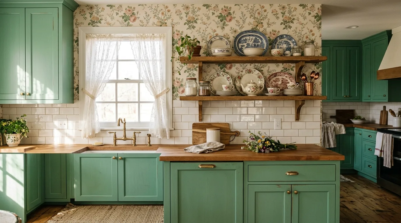 Soft emerald cabinets with floral wallpaper. White ceramic tile, wood shelves, and lace curtains.