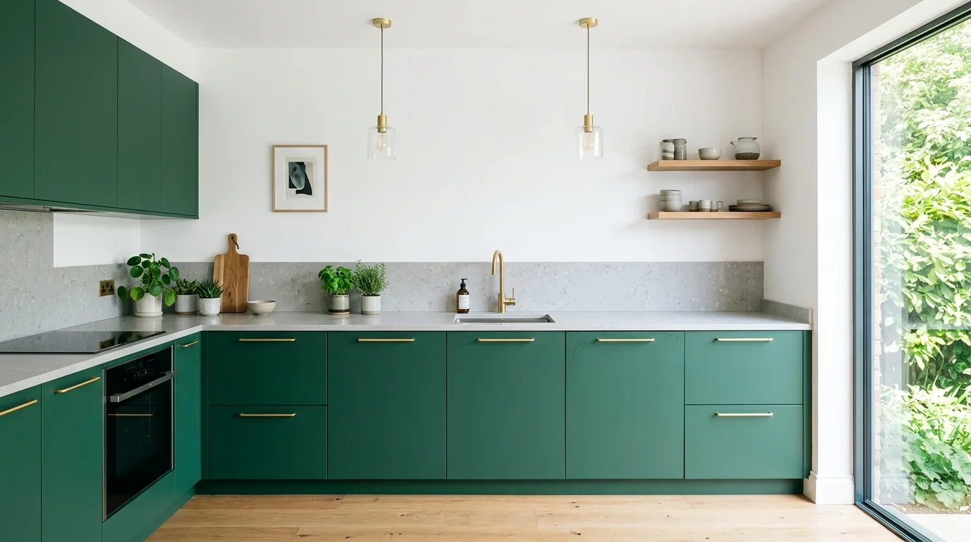 Minimal matte emerald cabinets. Slim brass pulls, light gray counters, and bright natural daylight.