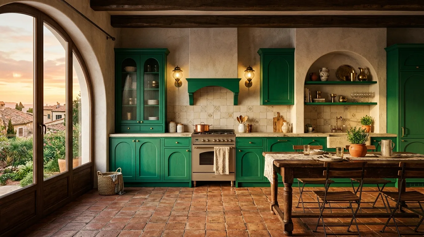 Emerald cabinets with arched doors. Terracotta floors, brass sconces, and creamy beige backsplash.