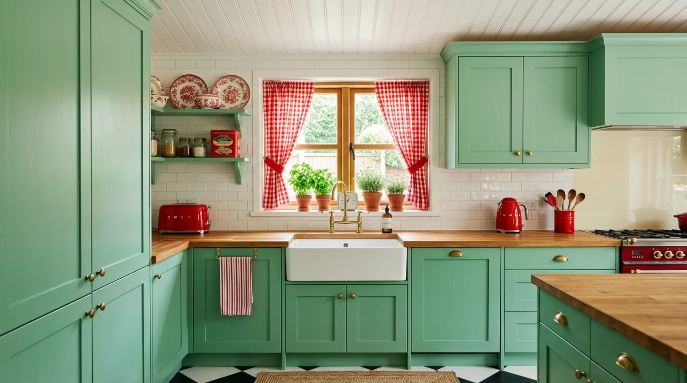 Pale emerald cabinets with retro red accessories. Farmhouse sink, checkered curtains, and glossy subway tiles.