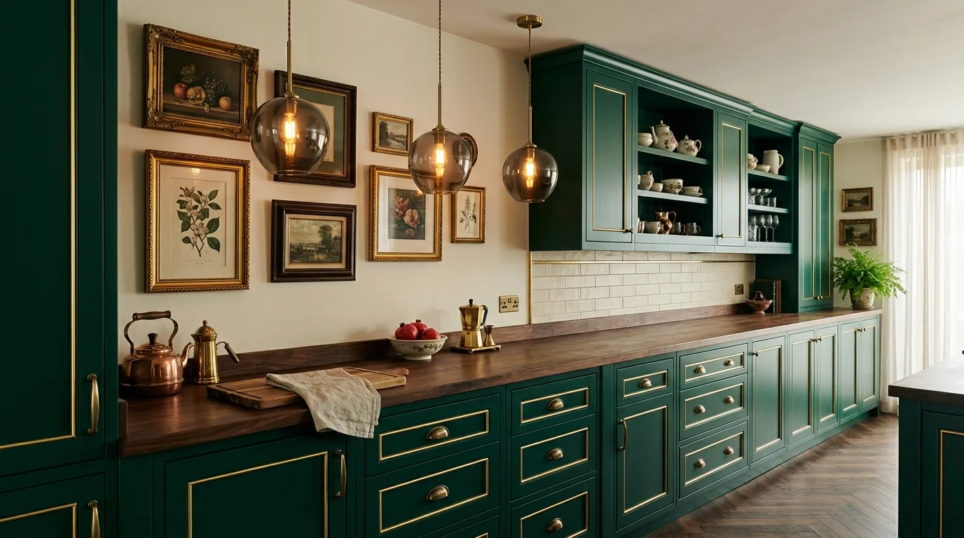 Deep emerald green cabinets with gold trim. Walnut counters, smoked glass pendants, and elegant moody lighting.