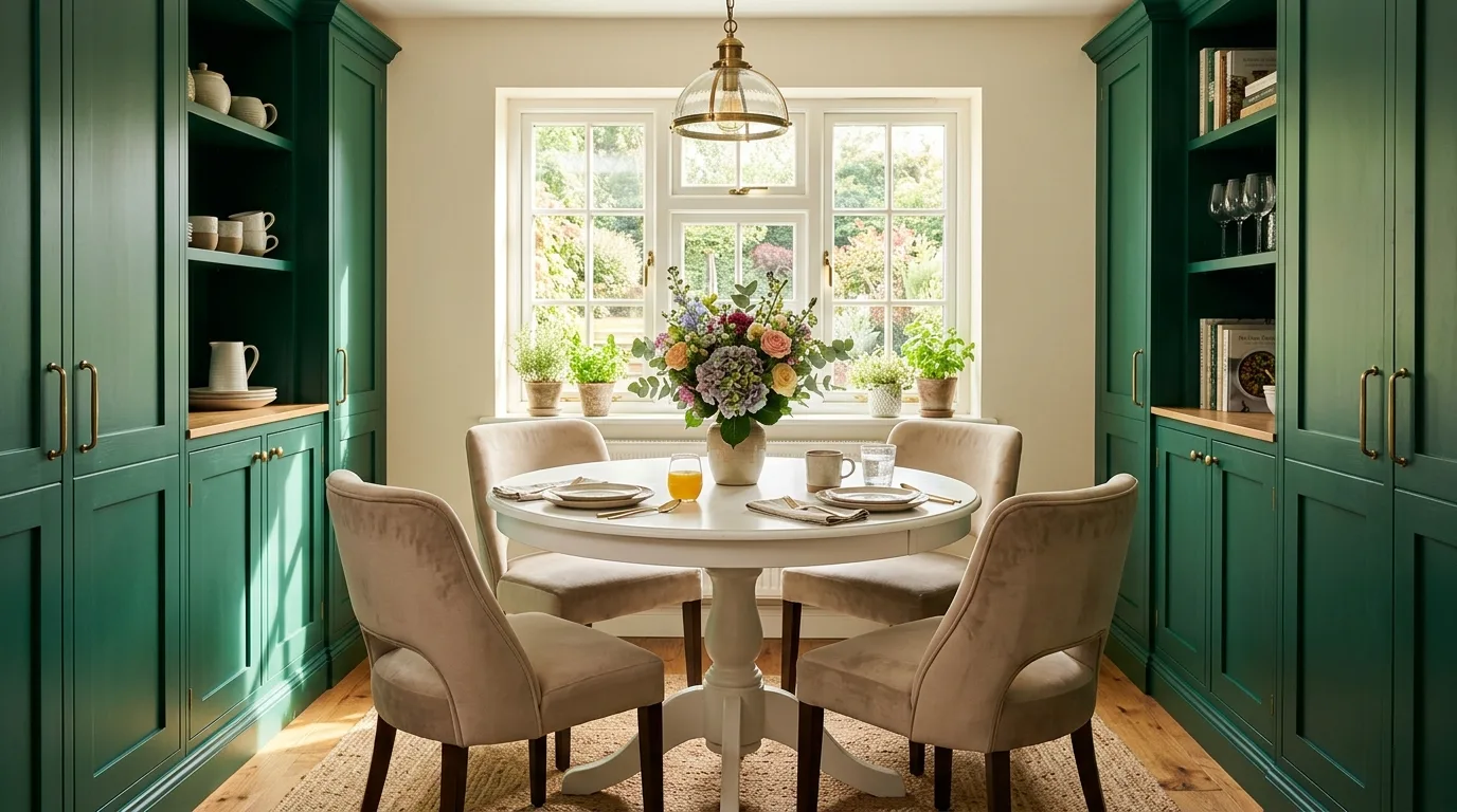 Emerald kitchen cabinets framing a breakfast nook. White round table, velvet chairs, and natural sunlight.