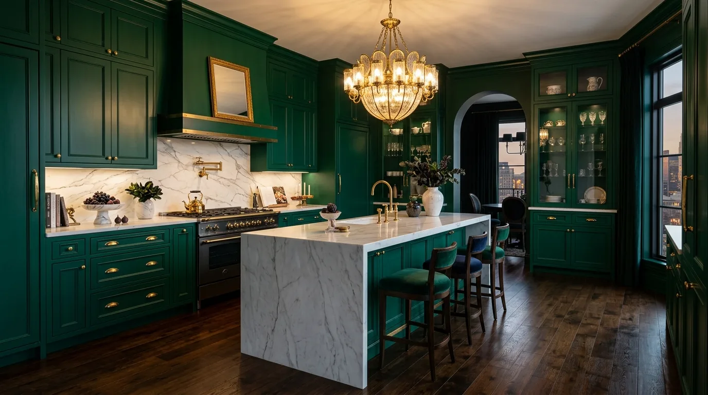 Floor-to-ceiling emerald kitchen cabinets. Marble backsplash, oversized brass chandelier, and cinematic jewel-toned styling.