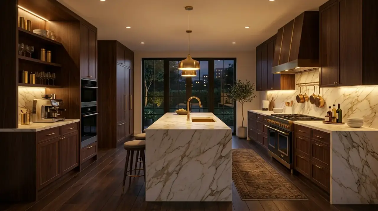 Handleless luxury kitchen. Streamlined cabinetry reinforcing the calm precision of a modern high-end kitchen.