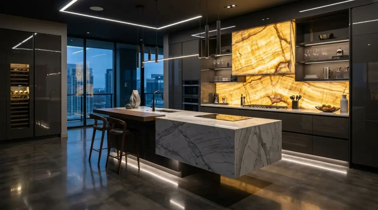 Luxury sculptural kitchen island. Statement island serving as the focal point of a refined modern kitchen.