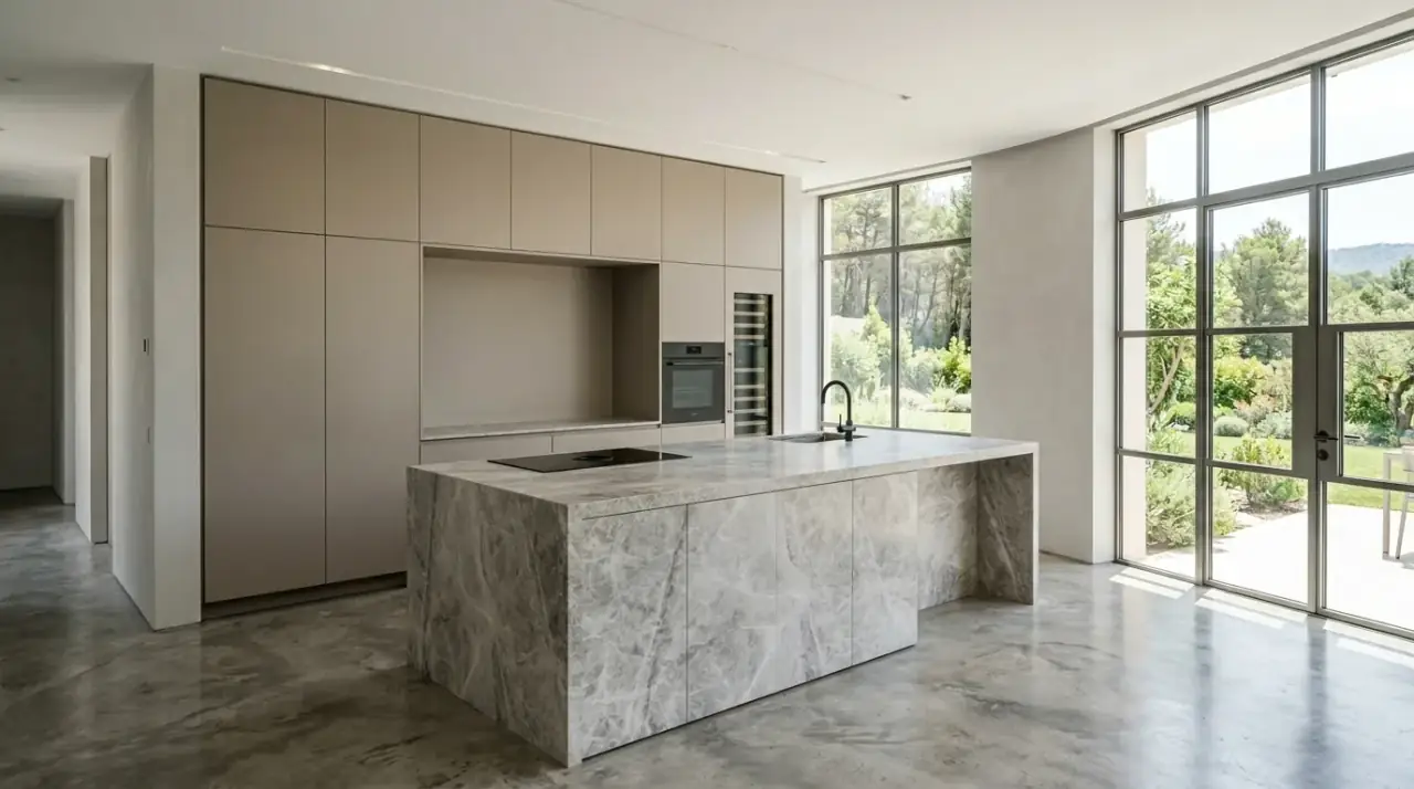 Luxury kitchen with wood. Warm timber accents balancing sleek materials in a high-end kitchen.