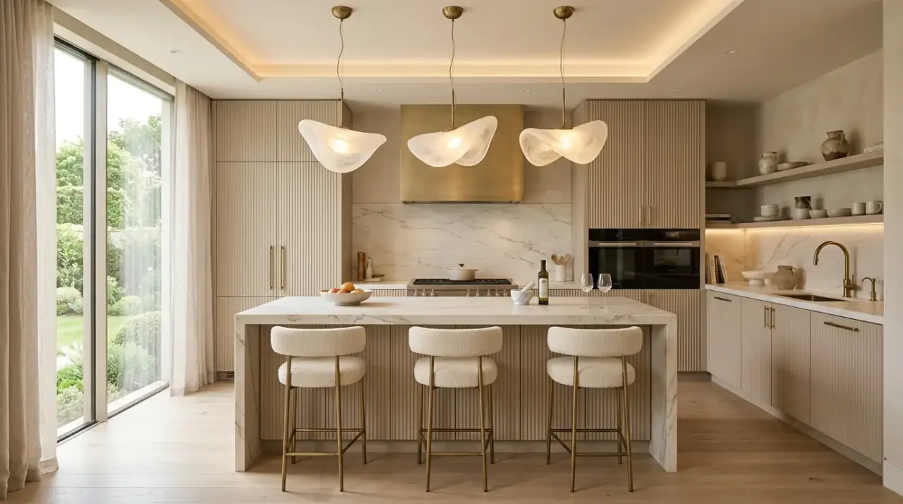 Luxury kitchen layered lighting. Refined lighting plan enhancing mood and material depth in the kitchen.