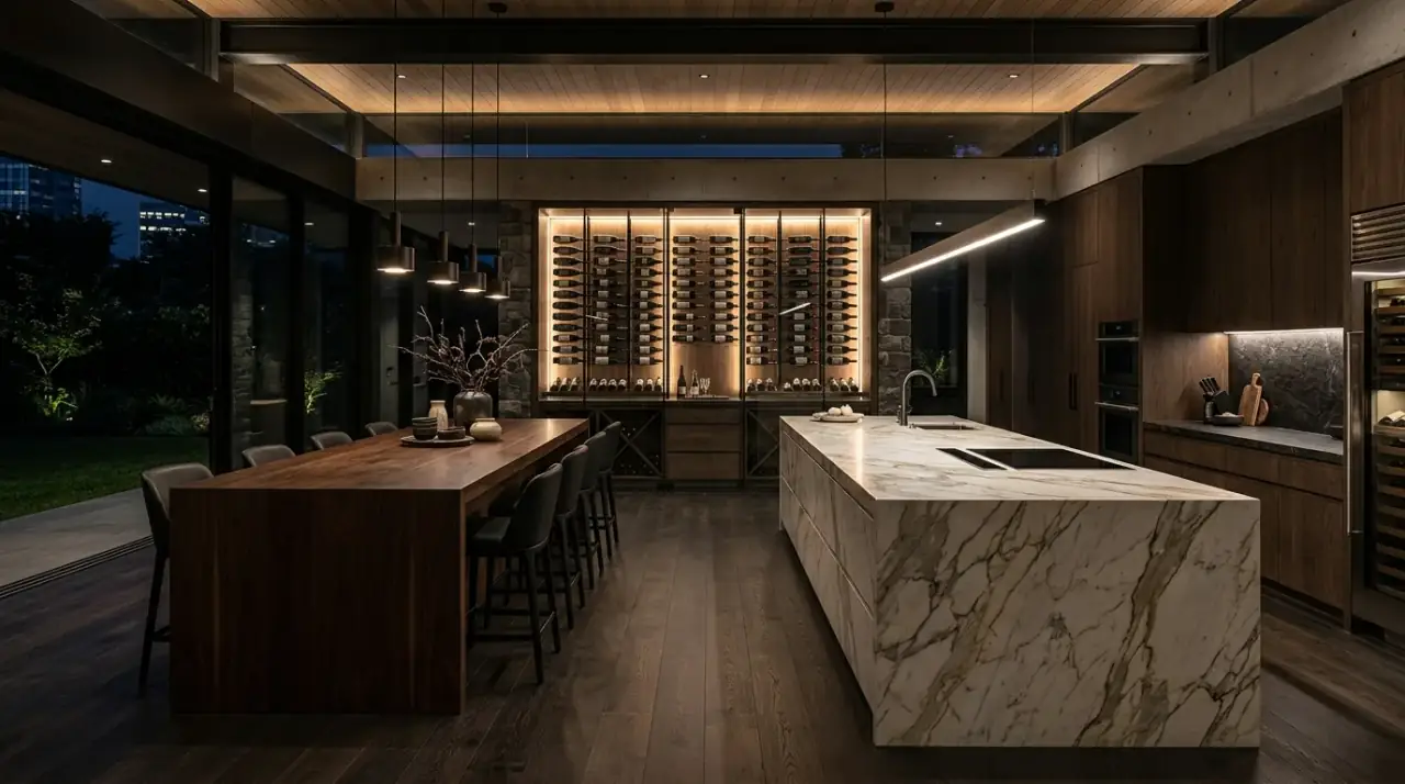 Double island luxury kitchen. Large-scale kitchen layout using twin islands for function and drama.