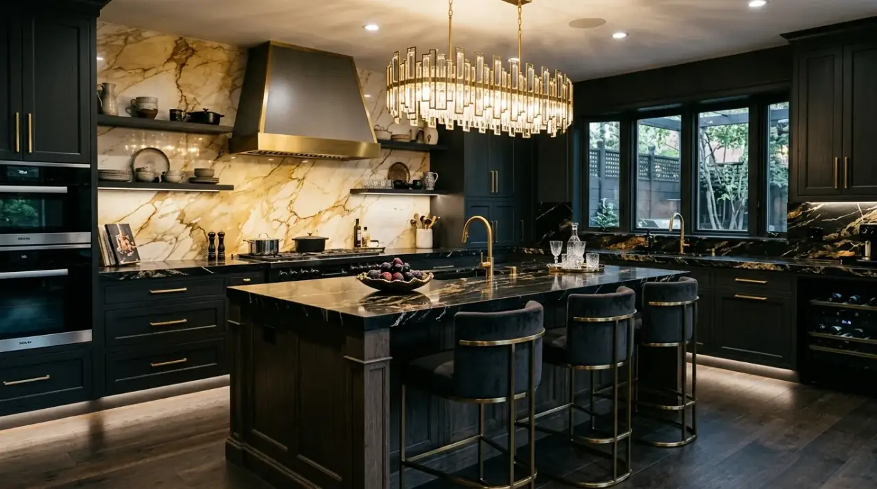 Luxury kitchen metal accents. Selective hardware and lighting finishes adding polish to a high-end kitchen.