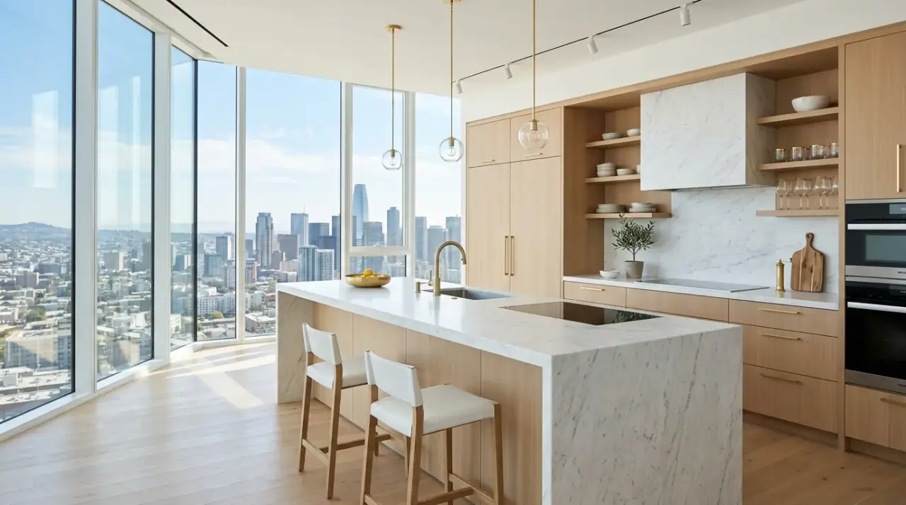 Textured walls luxury kitchen. Subtle wall finish adding architectural depth to a refined modern kitchen.