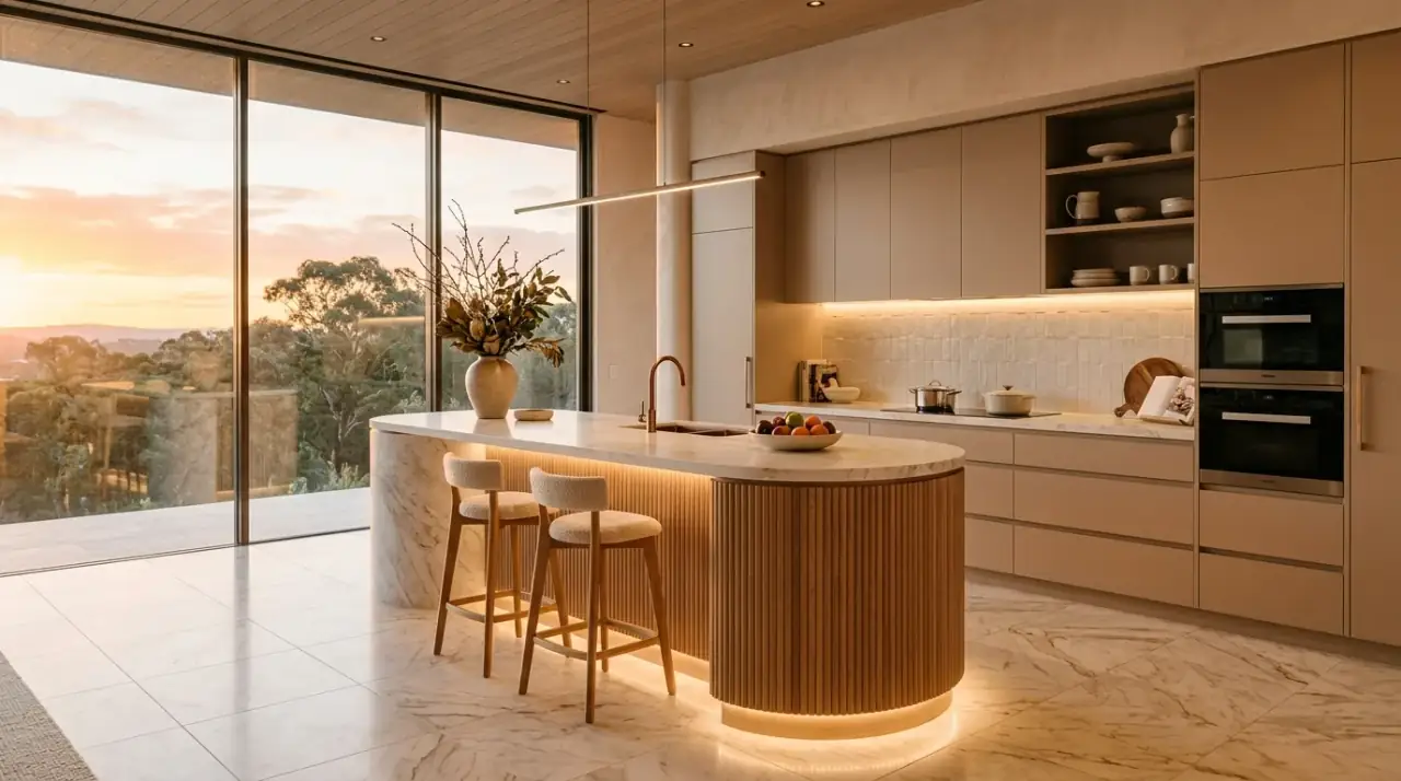 Luxury kitchen seating. Carefully chosen stools and furnishings completing a high-end kitchen design.