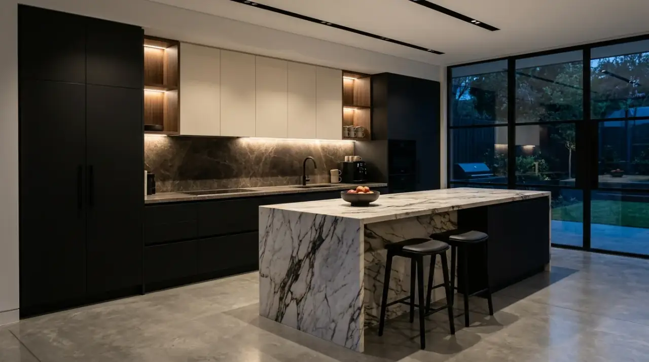 Minimal decor luxury kitchen. Edited styling helping refined materials define the high-end kitchen.