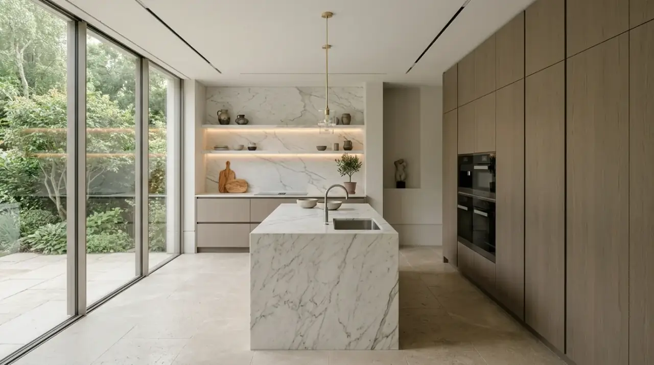 Luxury kitchen overview. High-end kitchen design combining refined materials, calm form, and warmth.