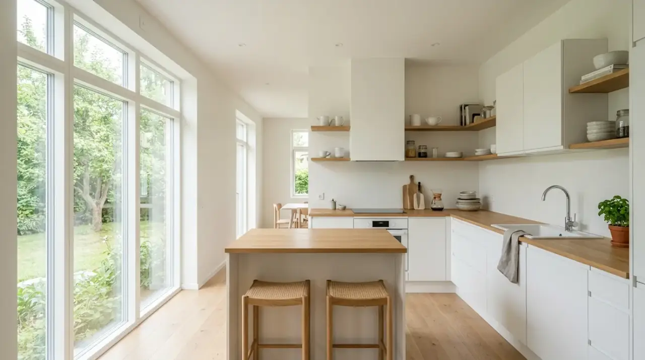 Minimalist Scandinavian kitchen with light wood, soft tones, and an airy uncluttered atmosphere.