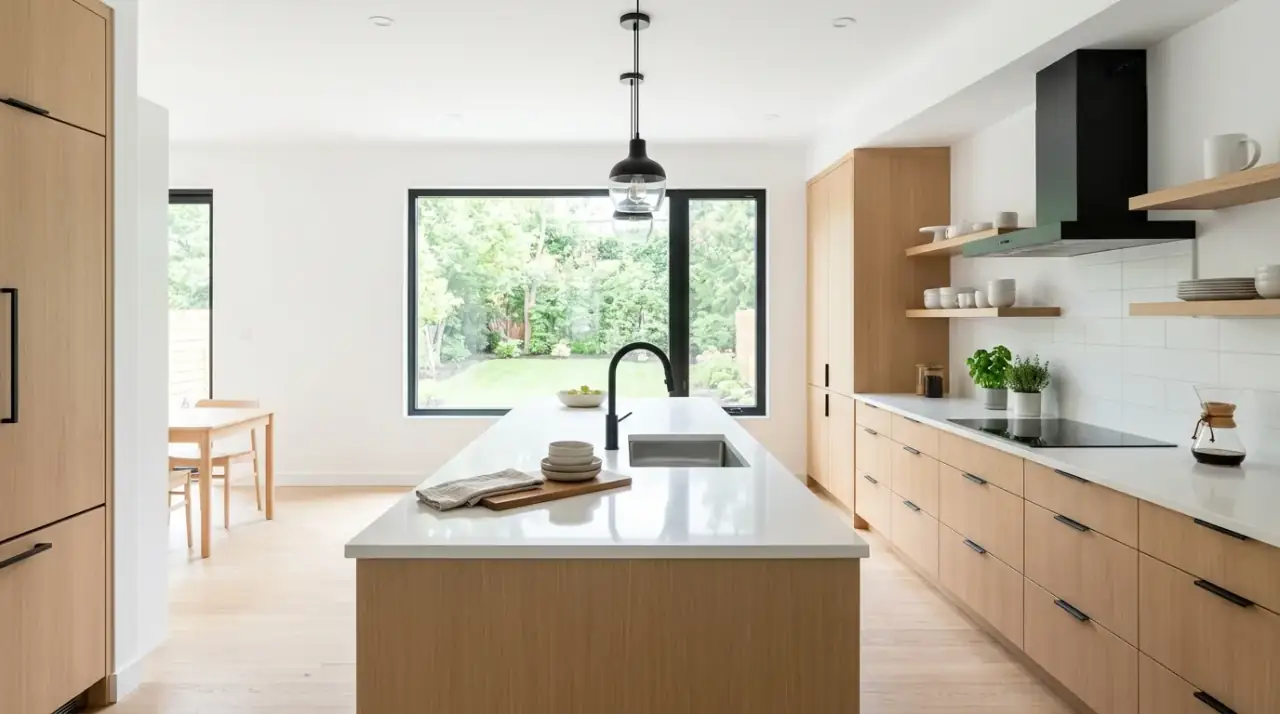 Neutral Scandinavian kitchen palette. Minimalist Scandinavian kitchen with soft neutral tones and layered warmth.