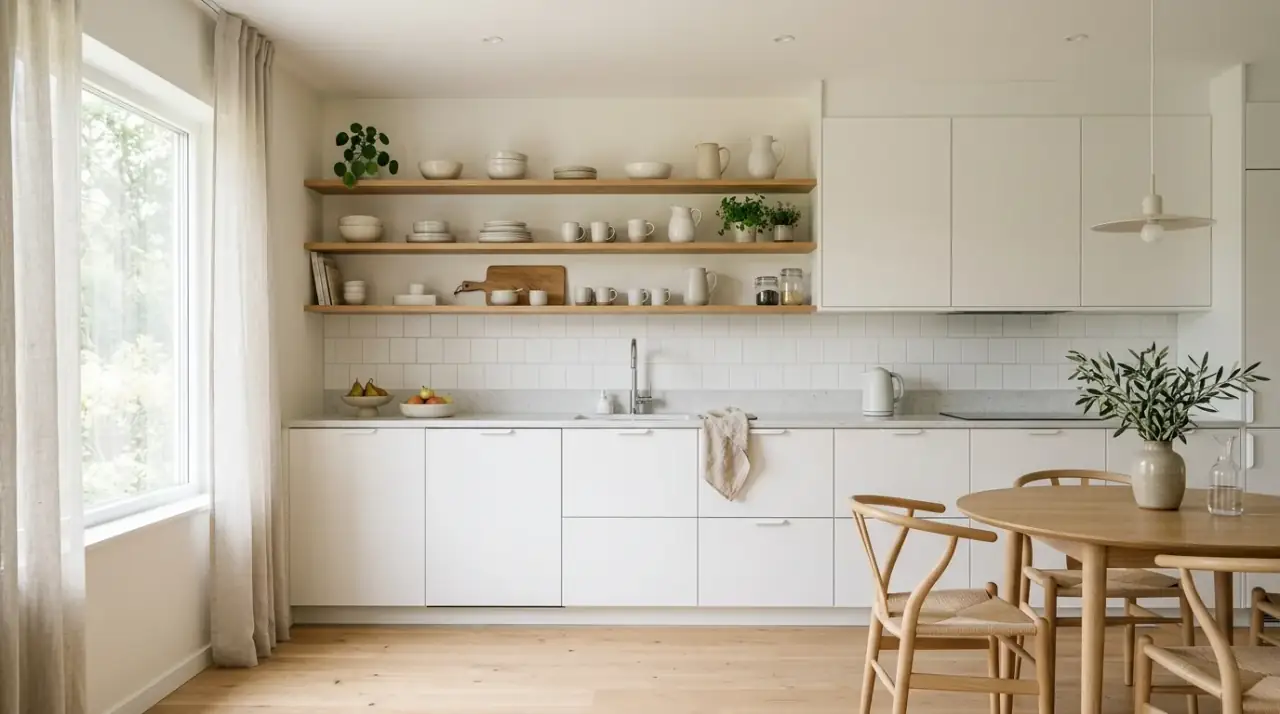 Bright Scandinavian kitchen windows. Light-filled minimalist Scandinavian kitchen with open and airy windows.