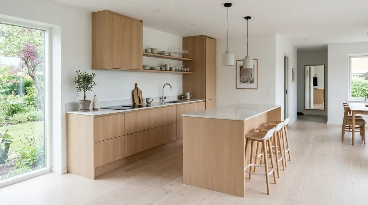 Simple Scandinavian cabinets. Minimalist Scandinavian kitchen with plain cabinet fronts and calm lines.