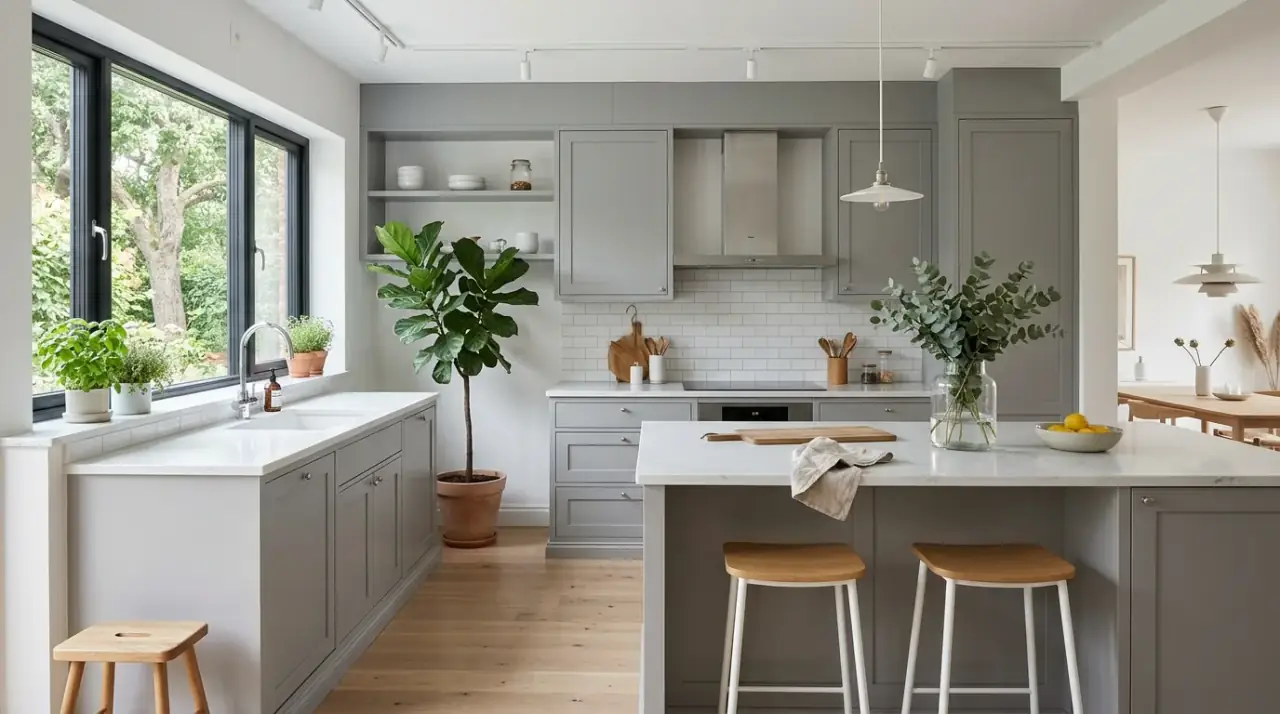 Scandinavian open shelves. Airy Scandinavian kitchen with lightly styled open shelving and ceramics.