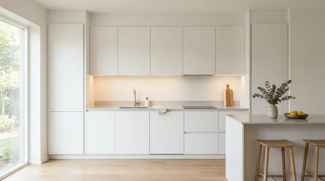 Matte Scandinavian kitchen finishes. Minimalist Scandinavian kitchen using soft matte finishes for a calm atmosphere.