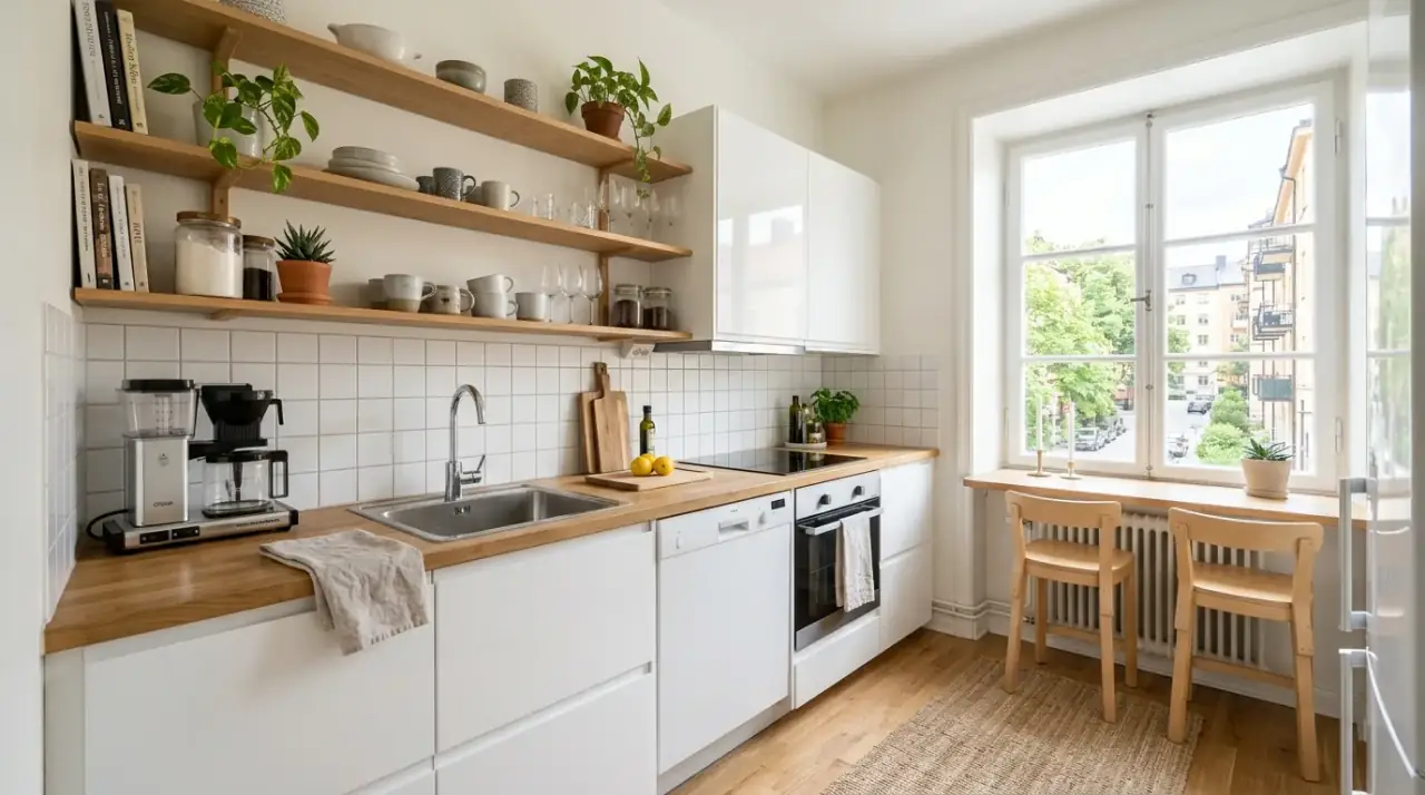 Wood table Scandinavian kitchen. Scandinavian kitchen with a warm wooden table or island as the focal point.